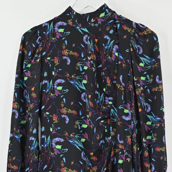 TANYA TAYLOR Dress Size 0 Clarisse Mini Black Floral Silk High Neck‎ Long Sleeve - Picture 3 of 15